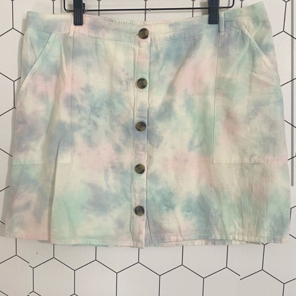 American Eagle Cotton Candy Tie Dye Button Front Linen Blend Mini Skirt SZ XL - Picture 2 of 6